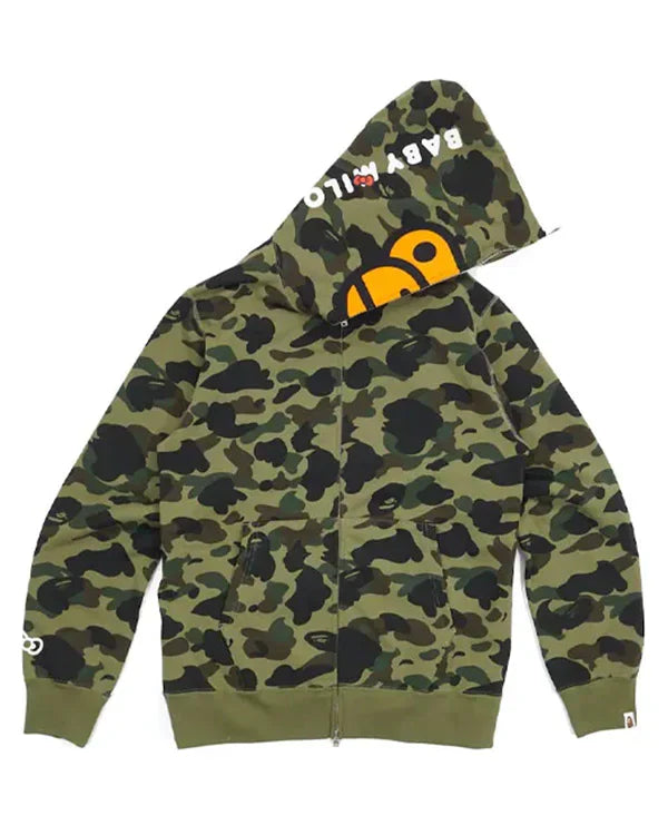 BAPE 1st Camo full-zip hoodie featuring the Baby Milo monkey face on the zipped hood.