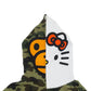 Close-up of BAPE Baby Milo and Hello Kitty split face on a full-zip 1st Camo hood.