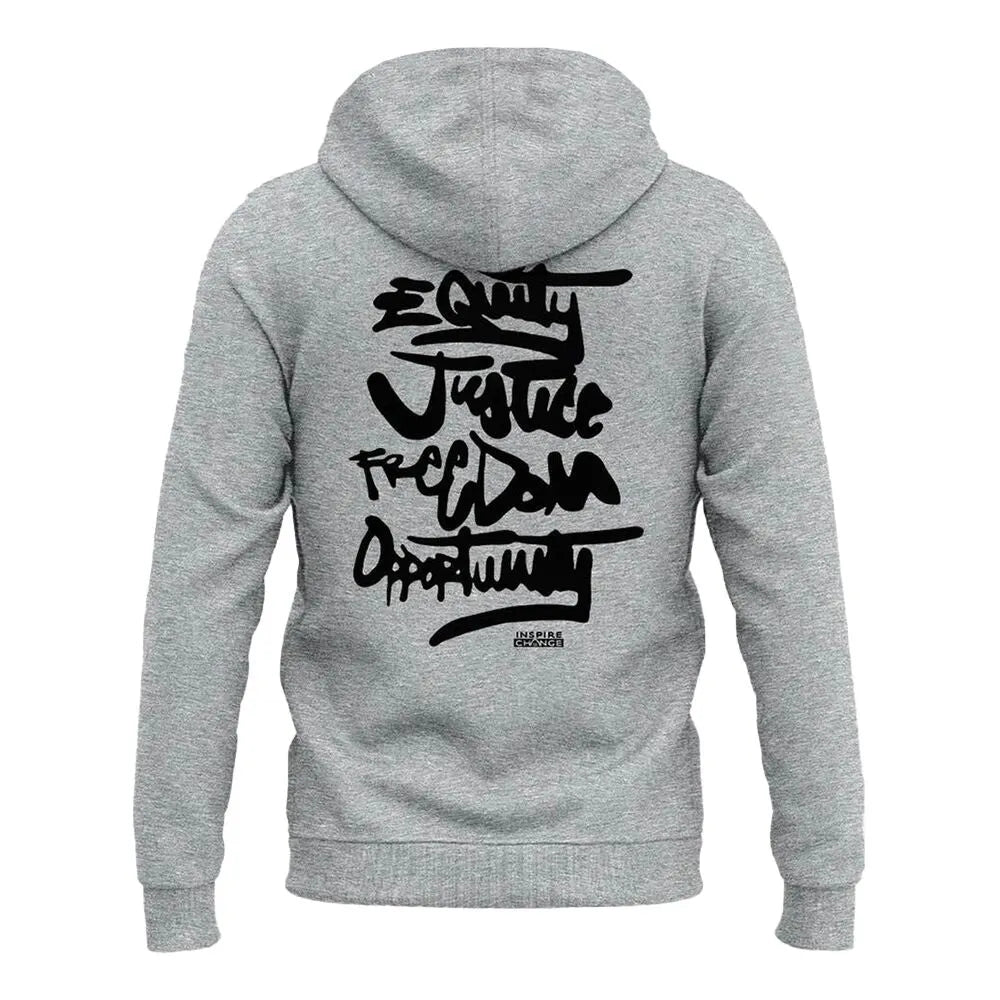 Back view of Be a Change Maker NFL hoodie with "Equity, Justice, Freedom, Opportunity" graphic.