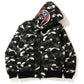 Camouflage black bape hoodie with colorful shark design on a white background