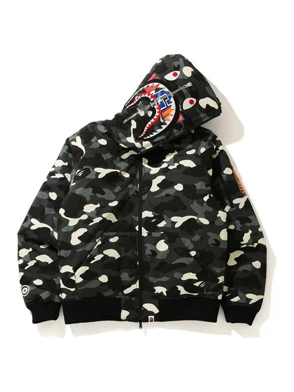 Camouflage black bape hoodie with colorful shark design on a white background