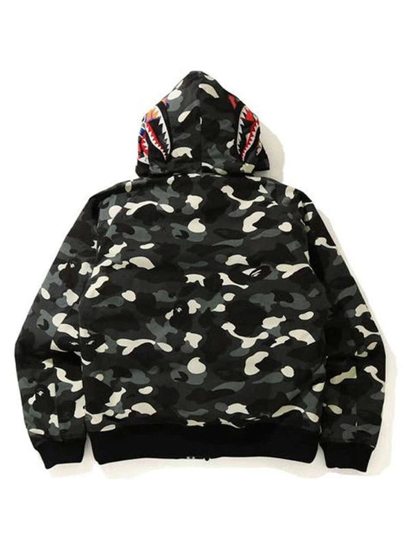 Camouflage black bape hoodie with colorful shark design on a white background