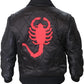 black drive jacket with red scorpion logo on back