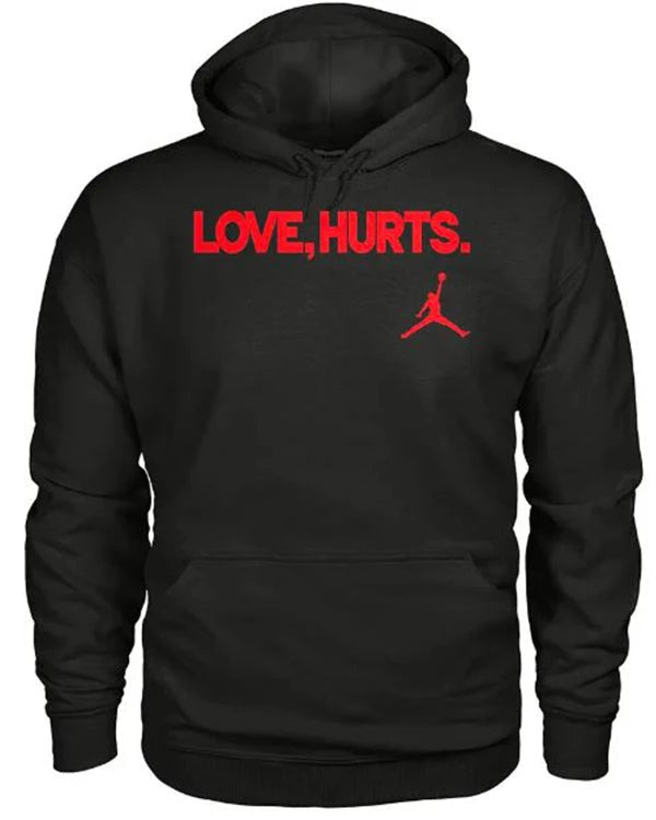 Black pullover hoodie with red "LOVE, HURTS