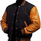 Black and brown varsity jacket with leather sleeves on a white background