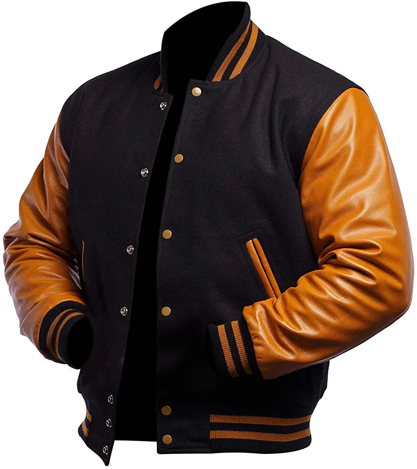 Black and brown varsity jacket with leather sleeves on a white background