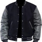 Black and gray varsity jacket on a white background