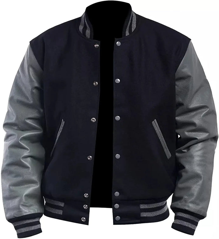 Black and gray varsity jacket on a white background