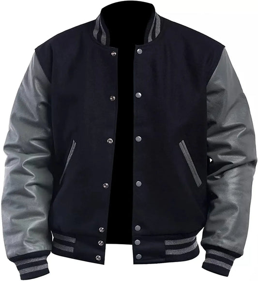 Black and gray varsity jacket on a white background