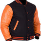 Black and orange varsity jacket with leather sleeves on a white background