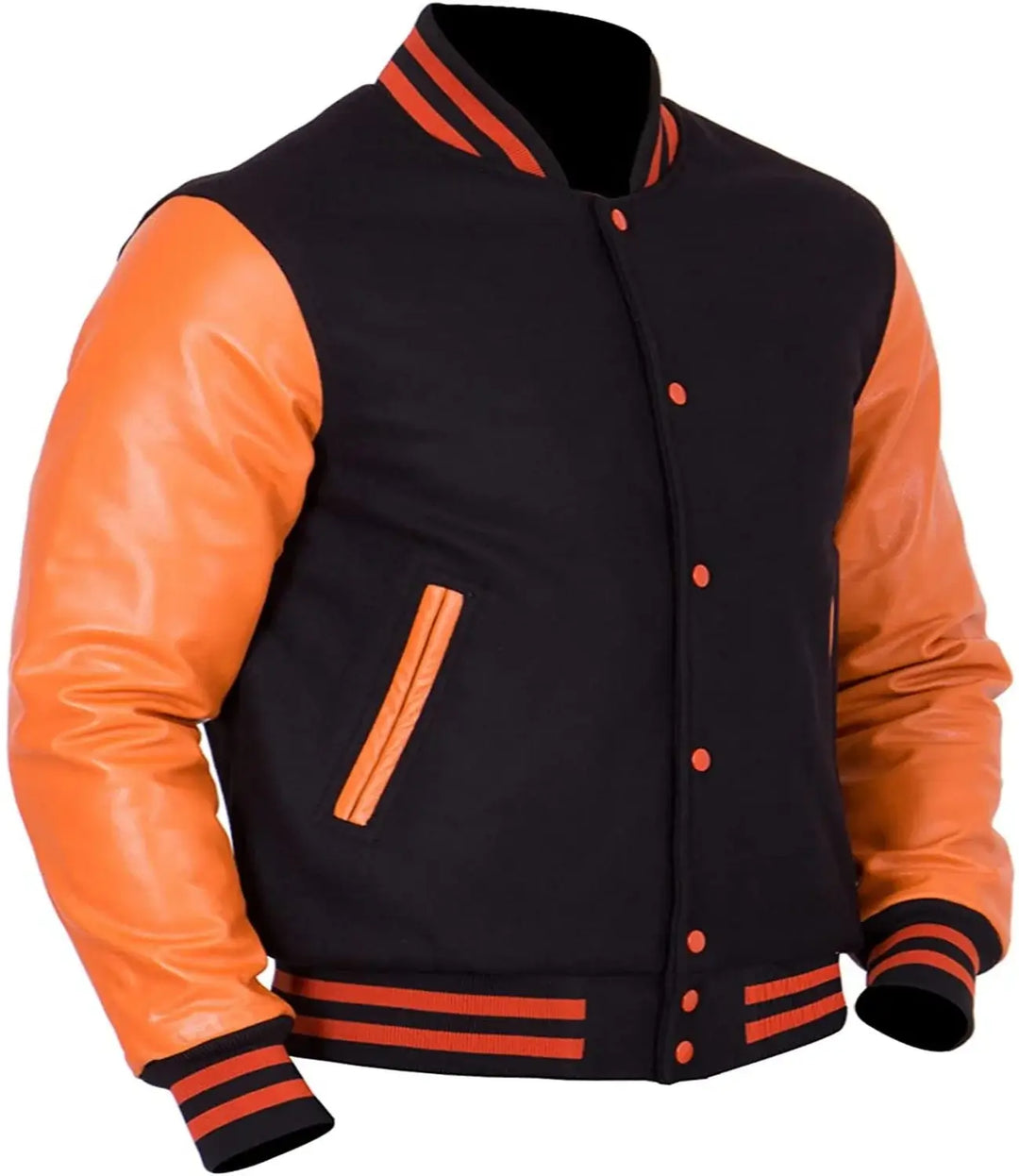 Black and orange varsity jacket with leather sleeves on a white background