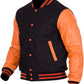 Black and orange varsity jacket with leather sleeves on a white background