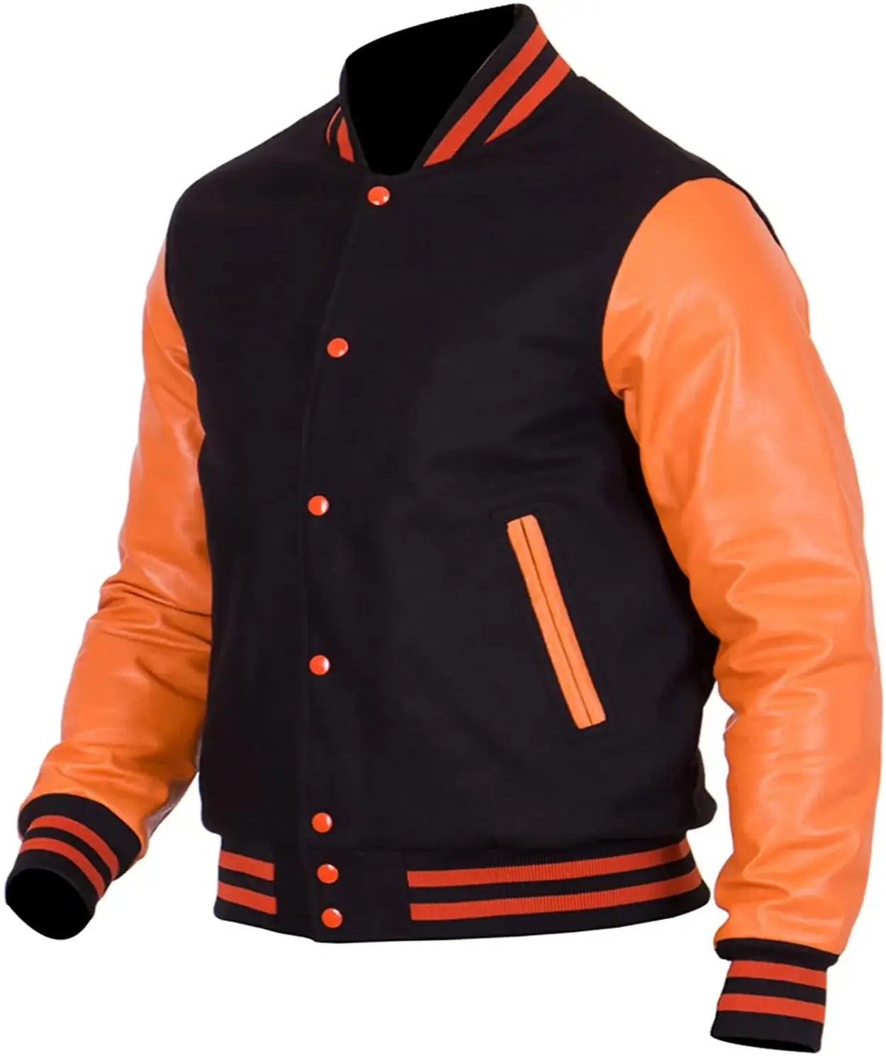 Black and orange varsity jacket with leather sleeves on a white background