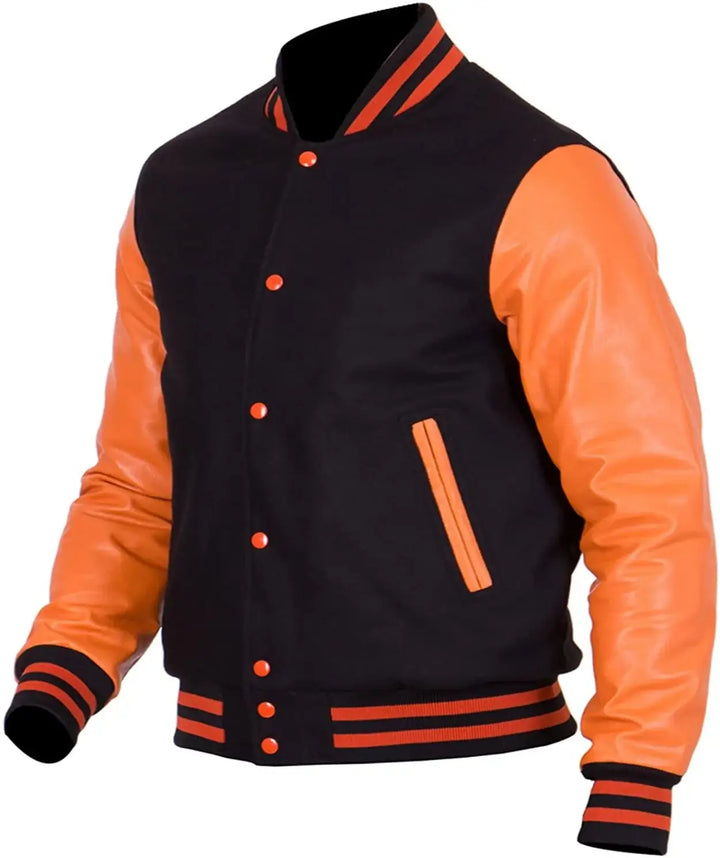 Black and orange varsity jacket with leather sleeves on a white background