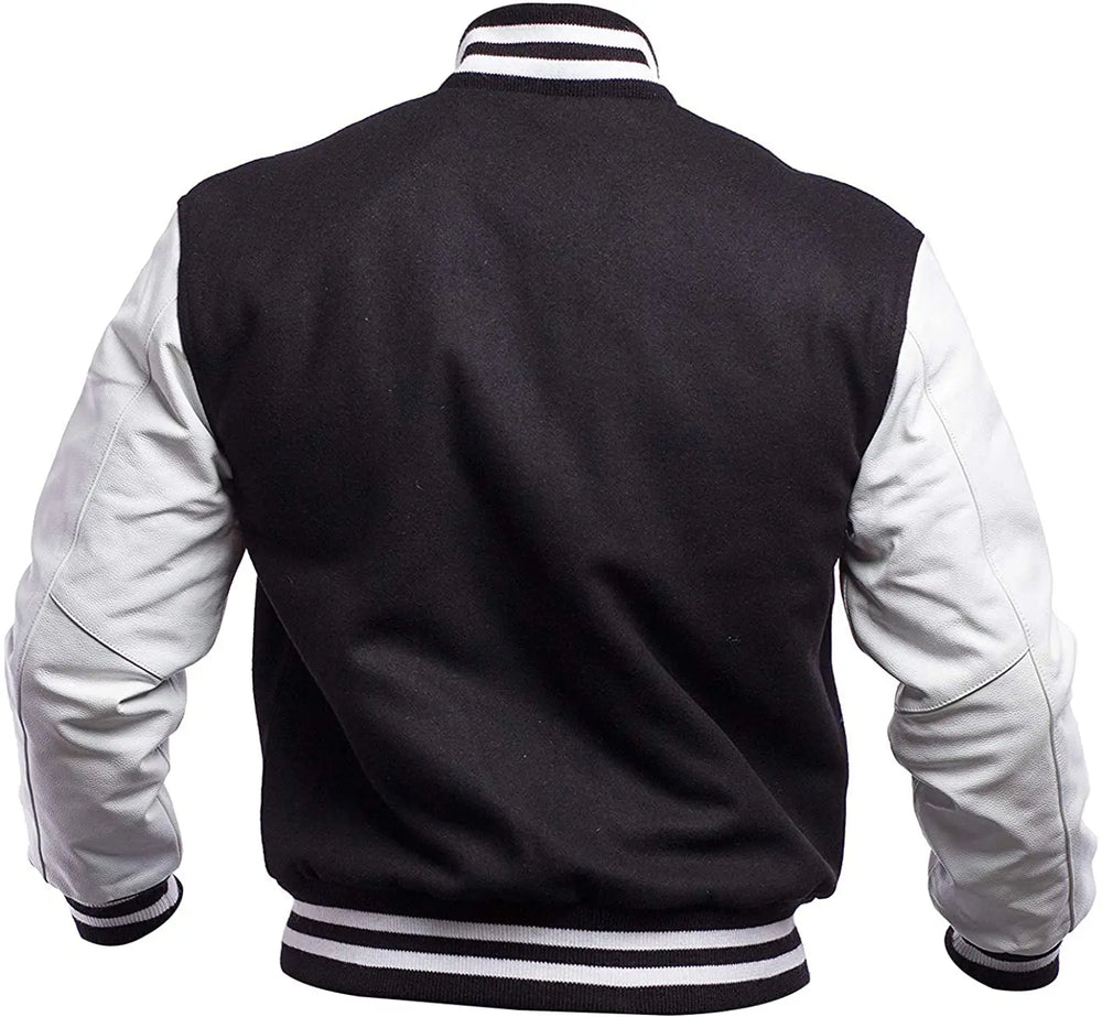 Black and white varsity jacket on a white background