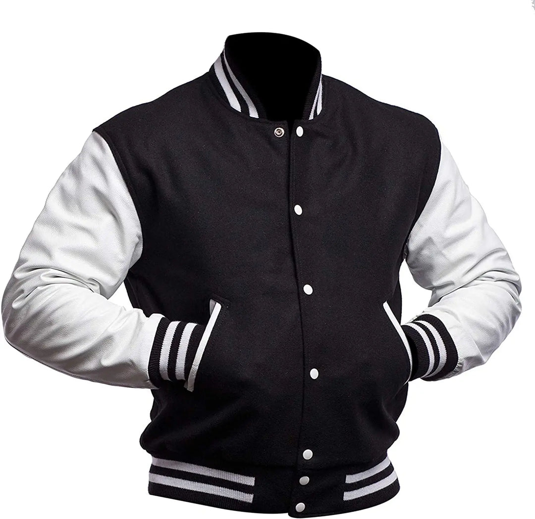 Black and white varsity jacket on a white background