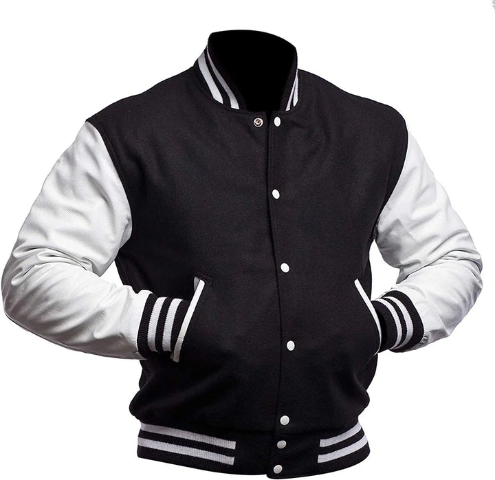 Black and white varsity jacket on a white background