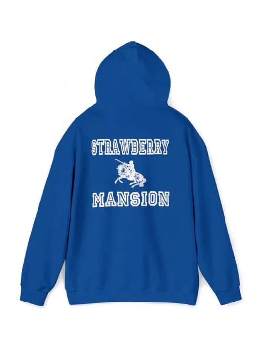 blue strawberry mansion hoodie back view