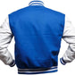 Blue and white varsity jacket on a white background