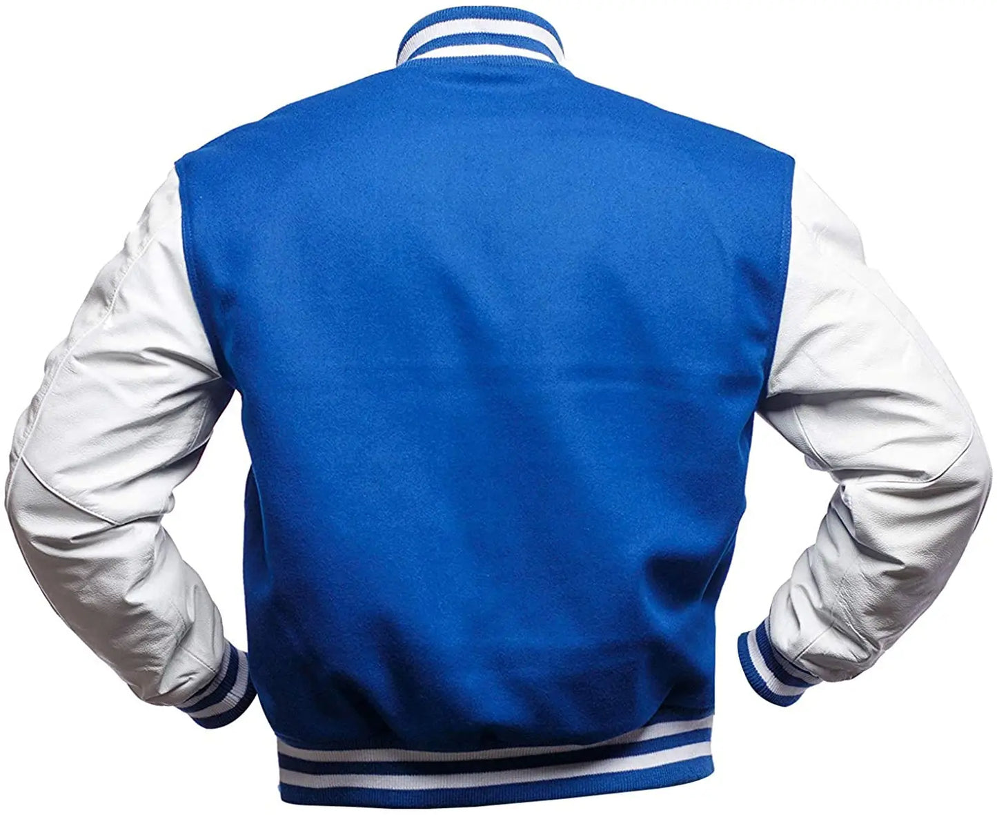 Blue and white varsity jacket on a white background