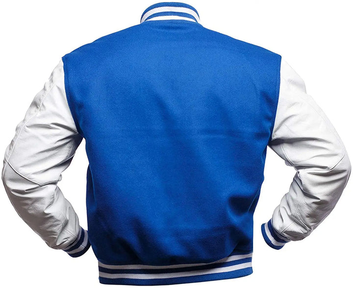 Blue and white varsity jacket on a white background