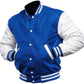 Blue and white varsity jacket on a white background