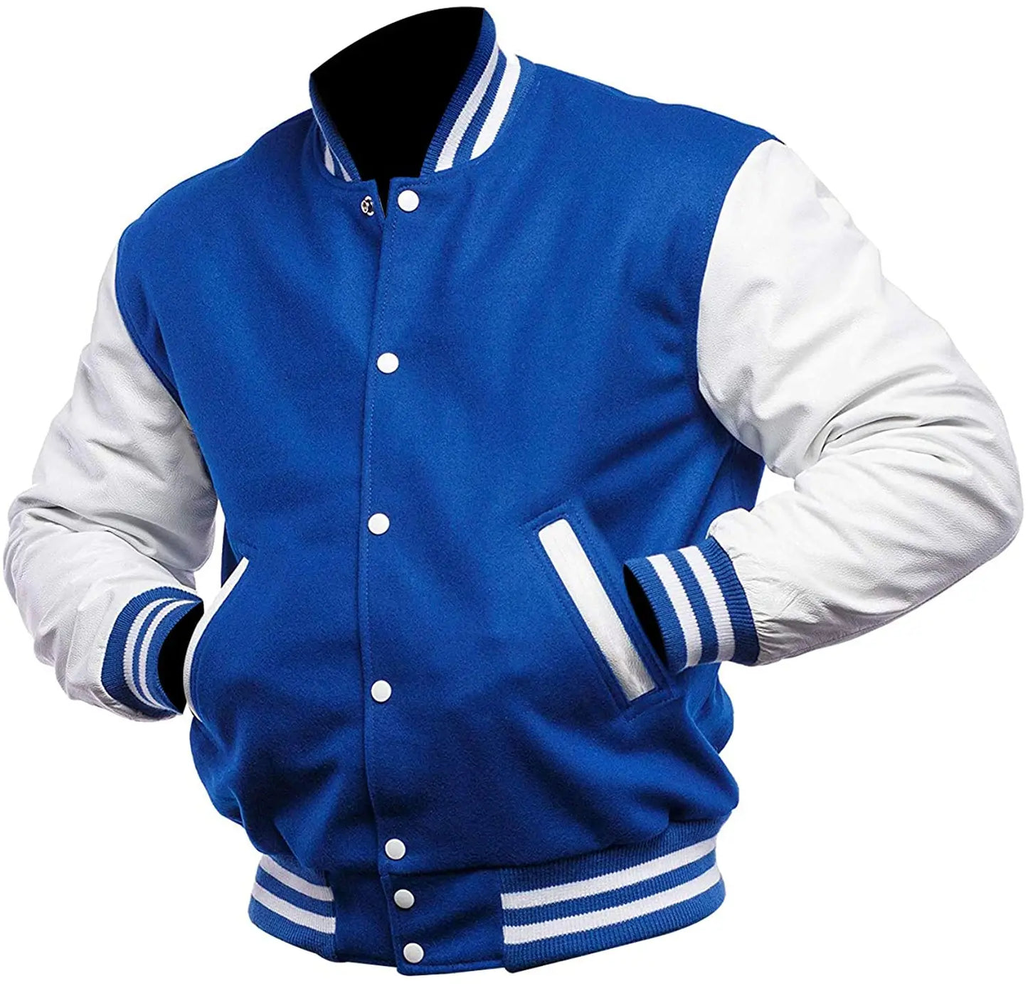 Blue and white varsity jacket on a white background