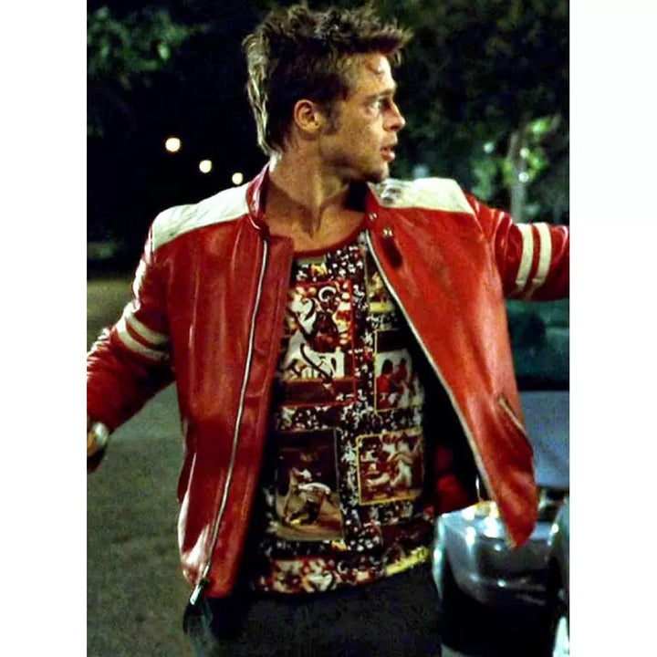Brad Pitt wearing the Red and White Fight Club Jacket