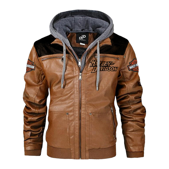 brown harley davidson hooded jacket front view 