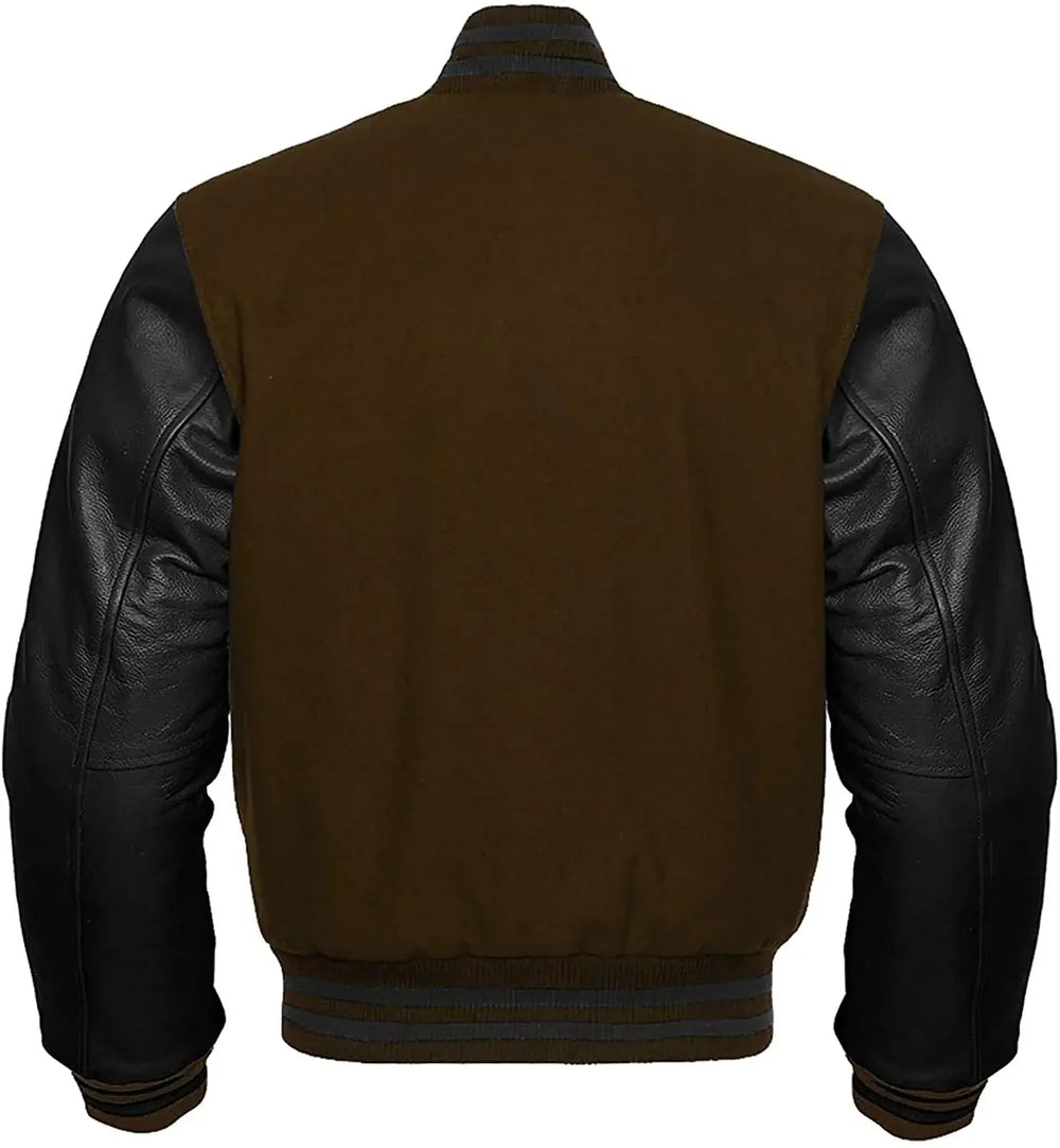 Brown leather jacket with black sleeves on a white background