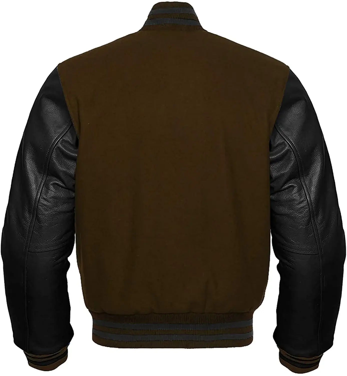 Brown leather jacket with black sleeves on a white background