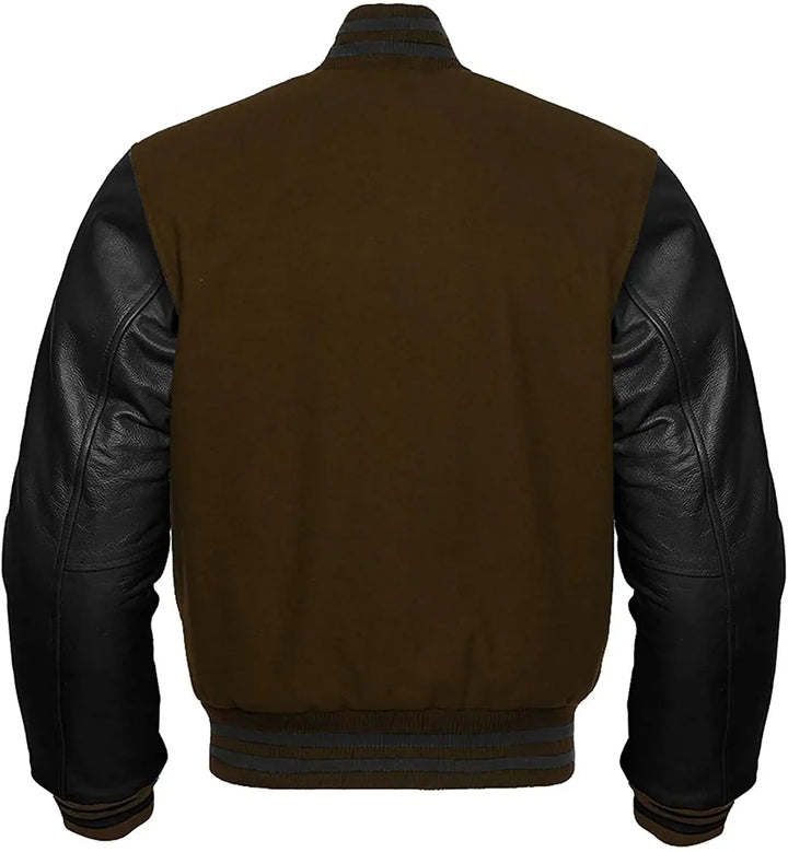 Brown leather jacket with black sleeves on a white background
