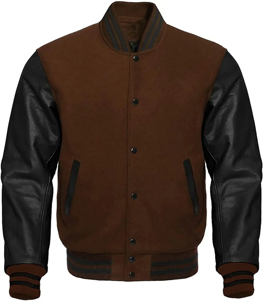 Brown and black varsity jacket with leather sleeves on a white background