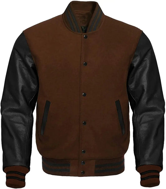 Brown and black varsity jacket with leather sleeves on a white background