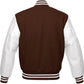 Brown and white varsity jacket on a white background