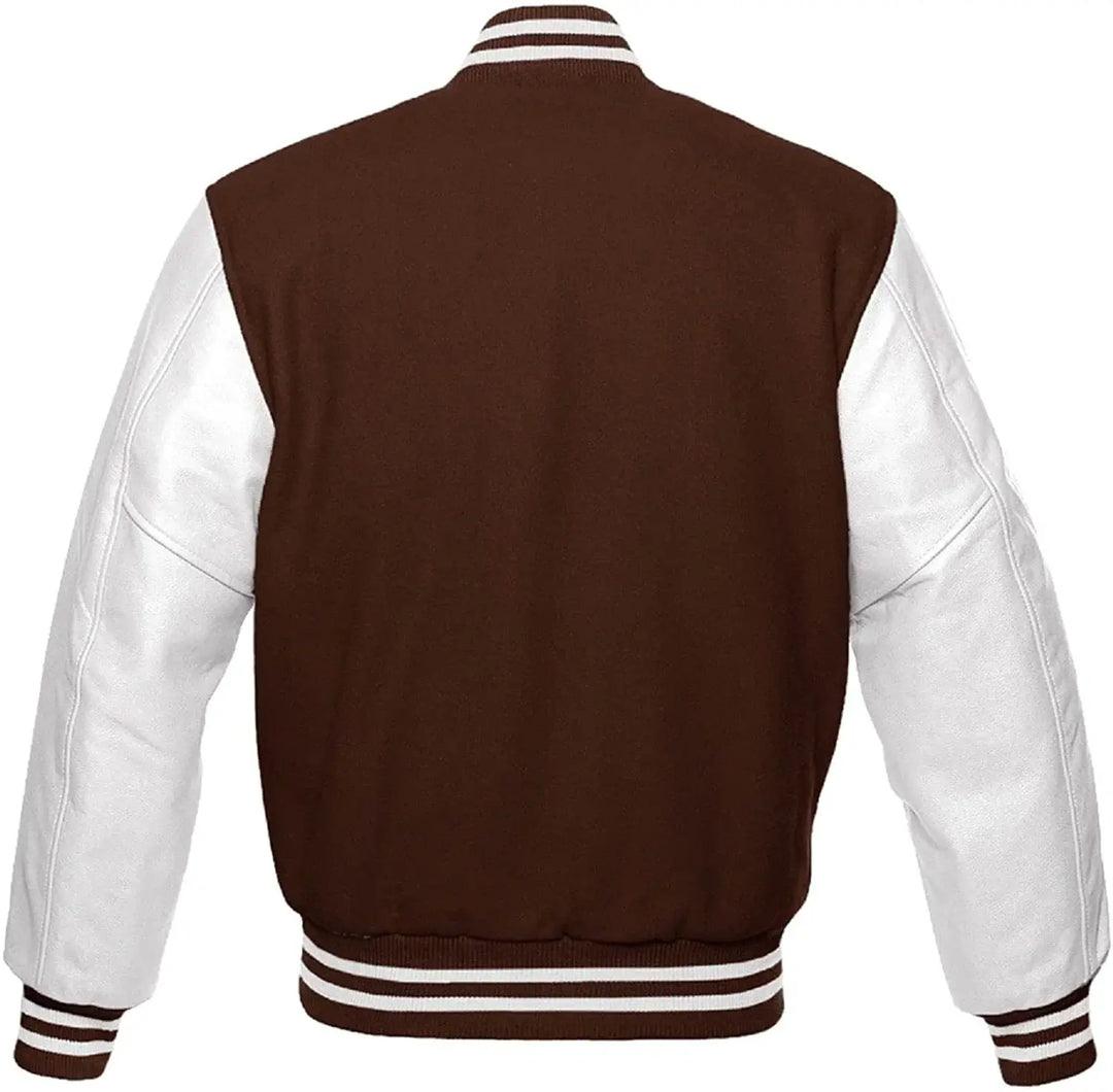 Brown and white varsity jacket on a white background