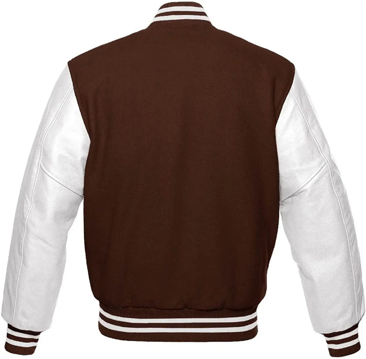 Brown and white varsity jacket on a white background