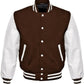 Brown and white varsity jacket on a white background