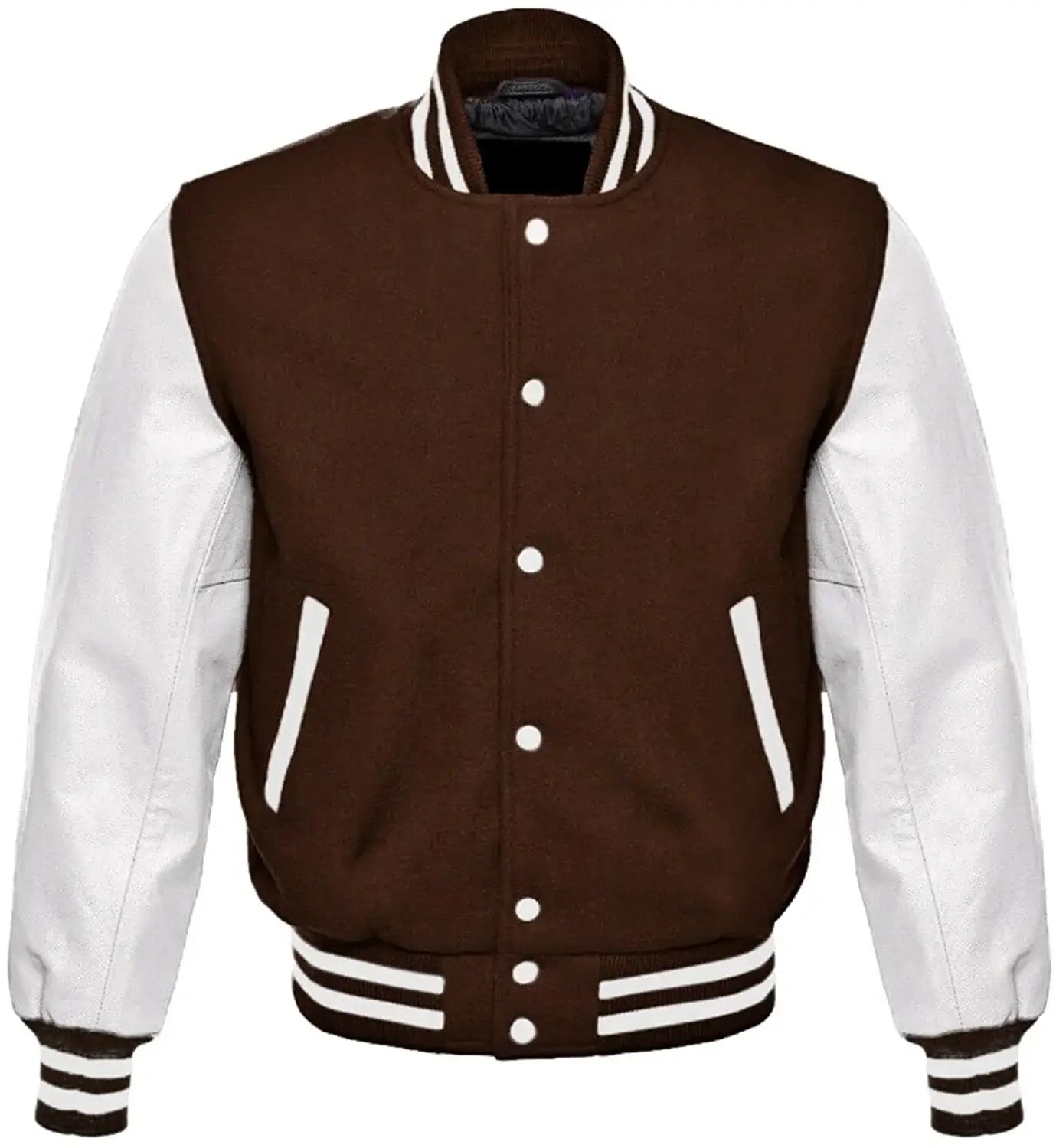 Brown and white varsity jacket on a white background