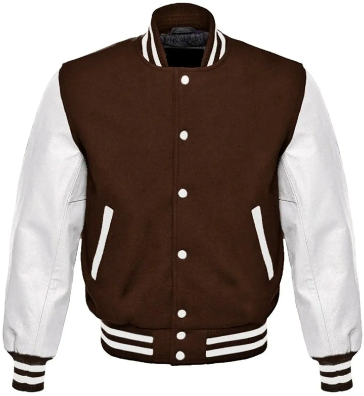 Brown and white varsity jacket on a white background