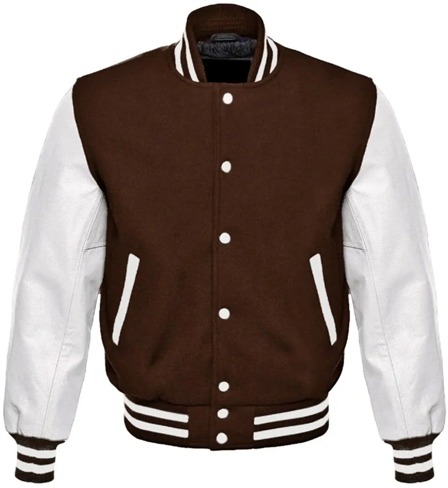 Brown and white varsity jacket on a white background