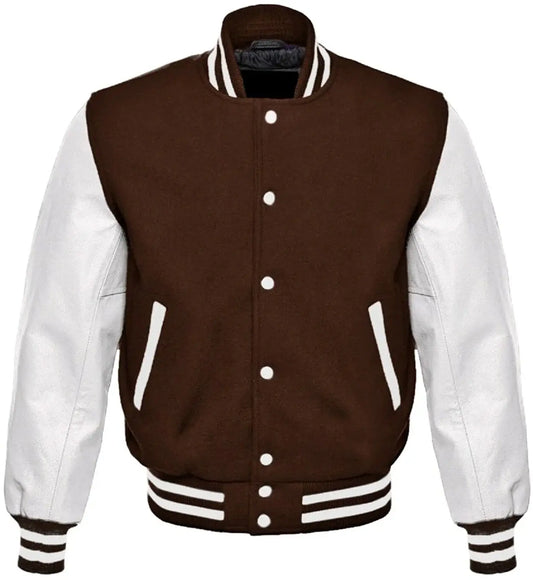 Brown and white varsity jacket on a white background