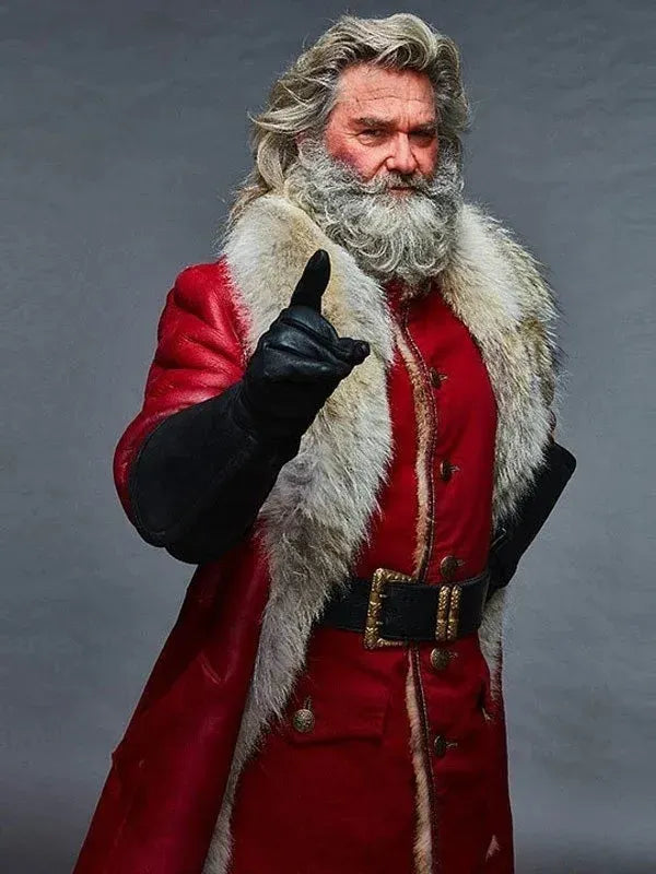 Close view of Red Kurt Russell The Christmas Chronicles Santa Claus Coat, a Christmas essential
