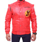Front view of Red Cobra Kai Karate Kid Red Leather Jacket featuring the yellow Cobra Kai patch