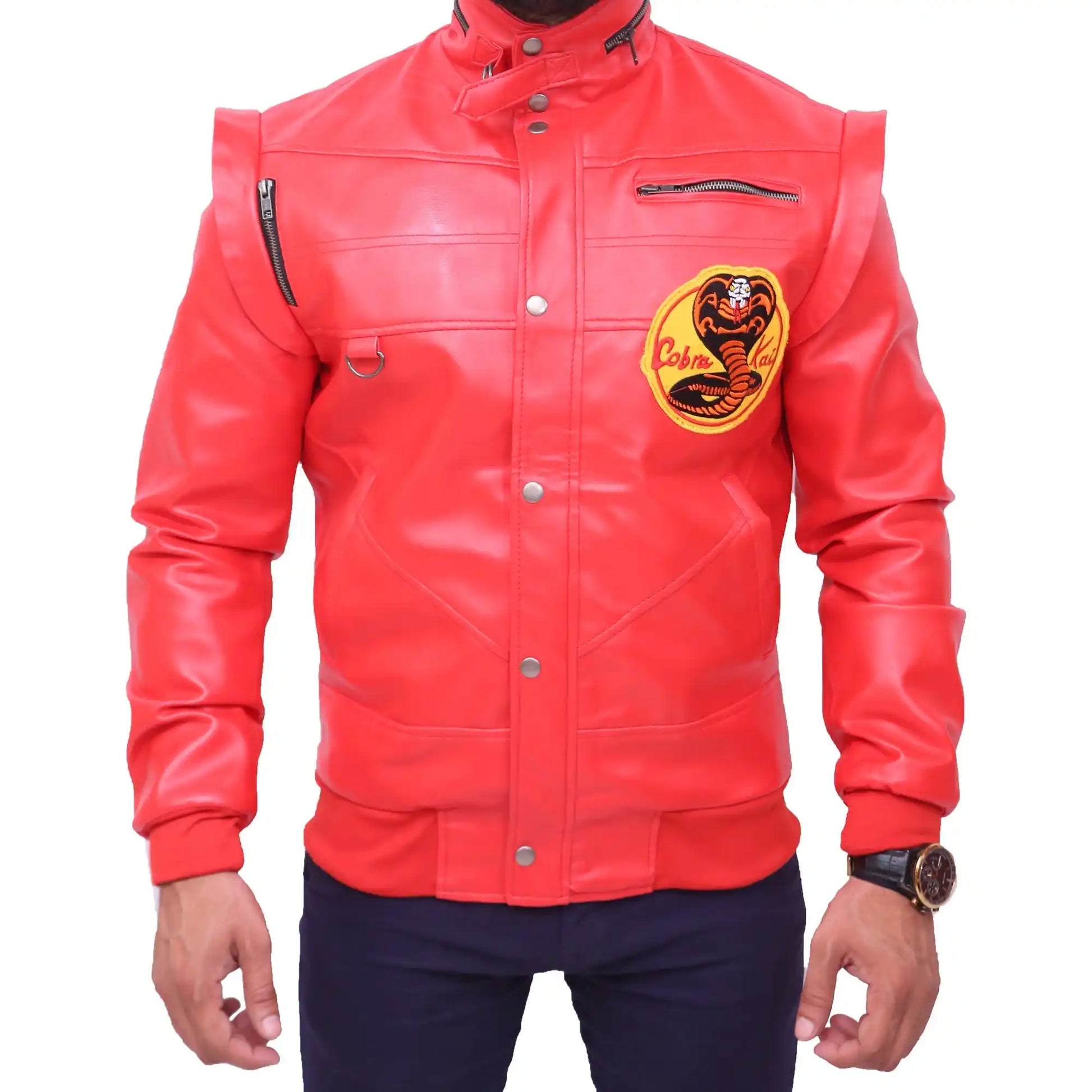 Front view of Red Cobra Kai Karate Kid Red Leather Jacket featuring the yellow Cobra Kai patch