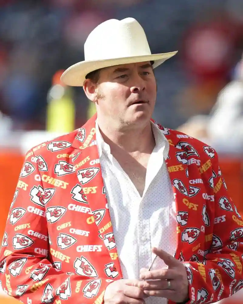 Close-up photo of David Koechner wearing the Red and White David Koechner Kansas City Chiefs Blazer