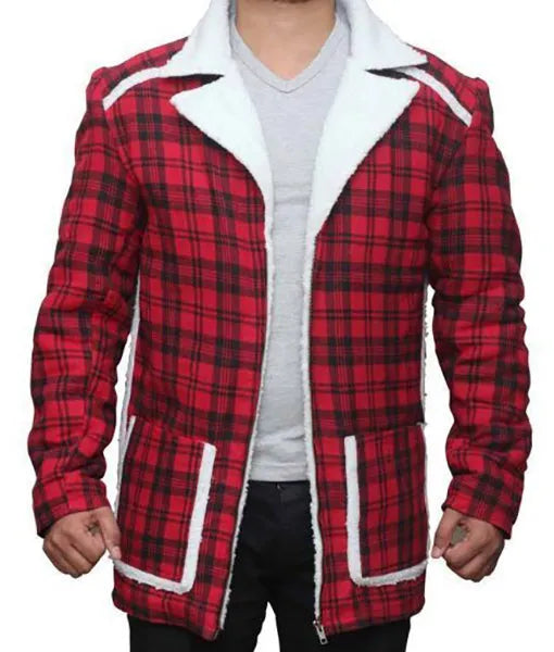 Front view of Red Plaid Ryan Reynolds Deadpool Flannel Jacket, perfect for Christmas