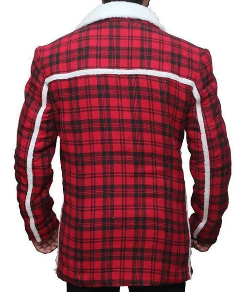 Back view of Red Ryan Reynolds Deadpool Flannel Jacket, perfect for Christmas