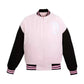 Pink and black disneyland letterman jacket with pink accents on a white background