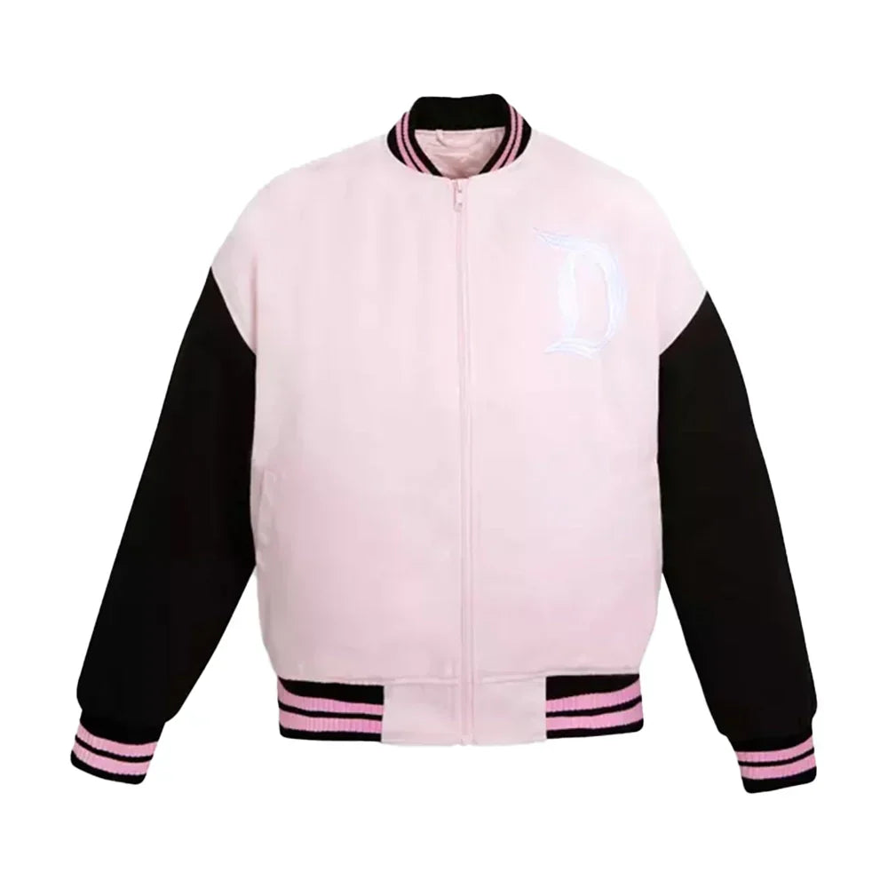 Pink and black disneyland letterman jacket with pink accents on a white background